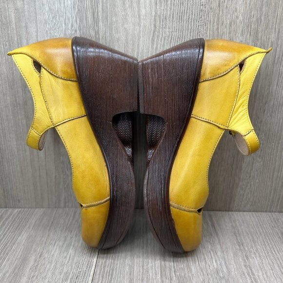 Venus Mary Jane Platform Shoes Womens 37 Adjustable Strap Cut Out Leather Yellow - Picture 8 of 12